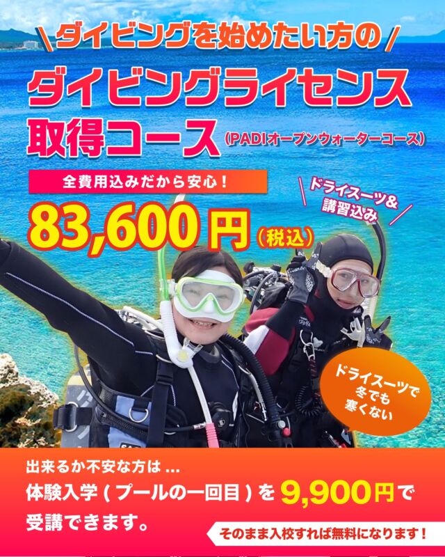 冬からでも大丈夫！
ドライスーツで服を着たまま潜れるから、
冬でも寒くない✨

冬は空気と一緒で水中も澄んでいるからキレイですよ～😊

ブルーコーナーのダイビングライセンス取得コースは
ダイビングに必要な器材も全部レンタル代コミコミ！
ドライスーツのサイズも各種取り揃えてます🙆

ダイビングができるか不安な方は
体験入学（プール講習の1回目）を9,900円で受講することもできます✨
そのままライセンス取得コースに申し込めば体験入学の代金は無料になります！
ちょっと不安な方はこちらがおすすめです😊

お問い合わせはブルーコーナー公式LINEまで✨

 #ダイビング講習 
#ダイバー 
#オープンウォーター 
#静岡ブルーコーナー 
#ダイビング 
#静岡ダイビング 
#静岡ダイビングショップ 
#padiオープンウォーター 
#ダイビングライセンス 
#ドライスーツダイビング